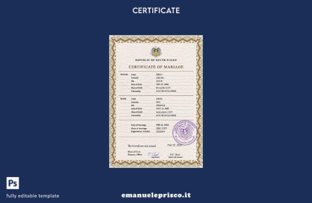 modello PSD di certificato di matrimonio del Sud Sudan in stile verificato